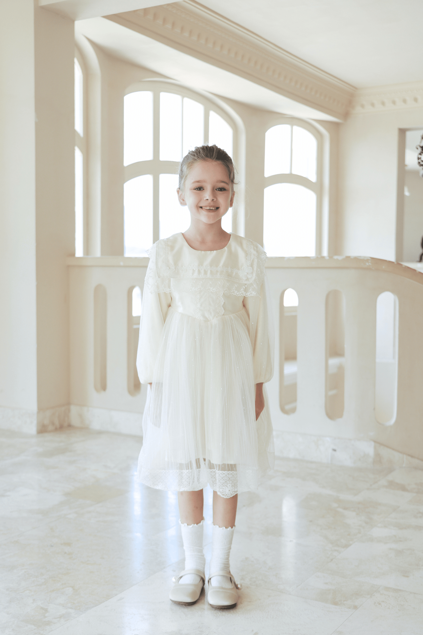 Girls Vintage Lace Satin & Tulle Dress - Beige