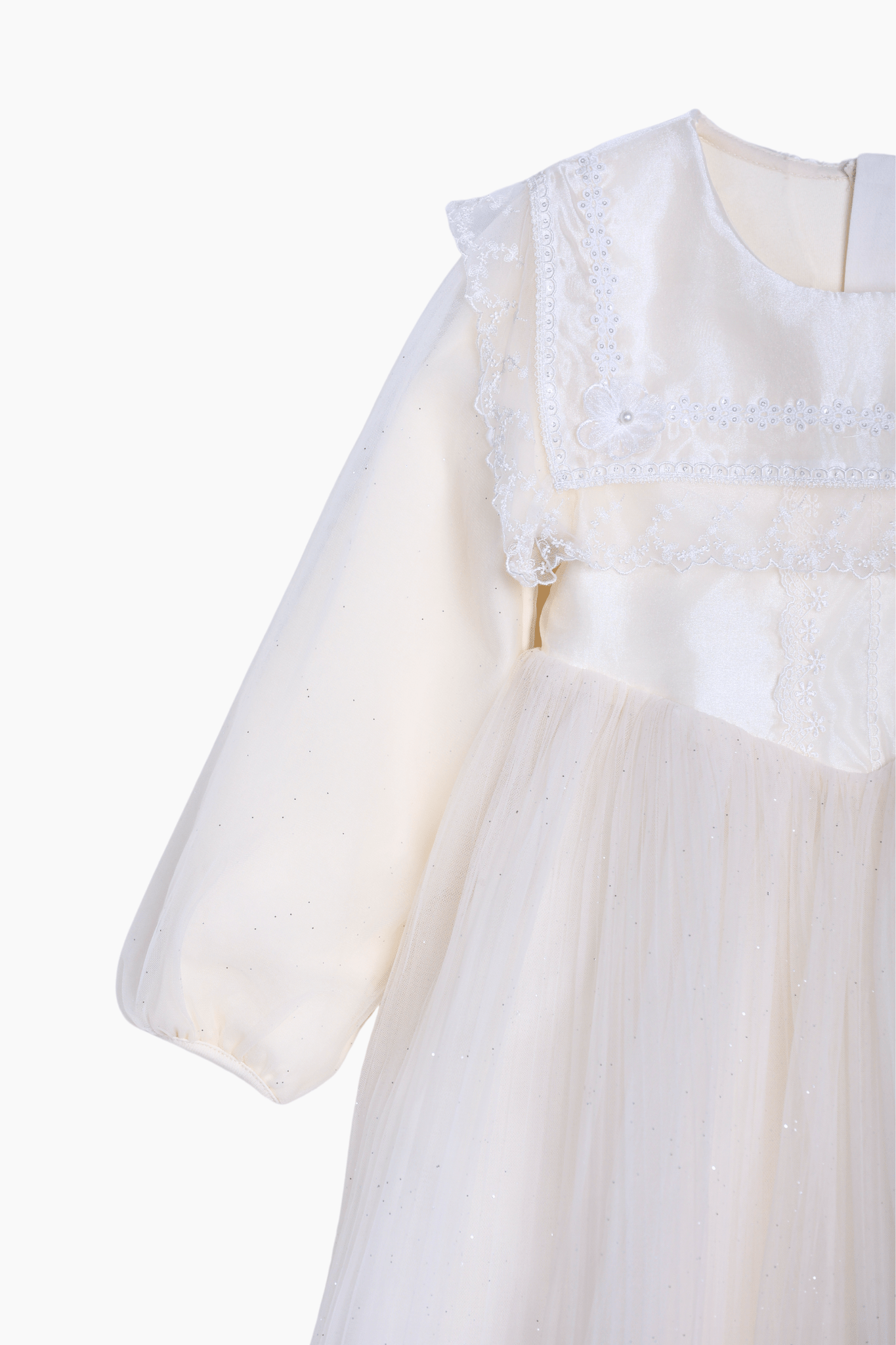 Girls Vintage Lace Satin & Tulle Dress - Beige