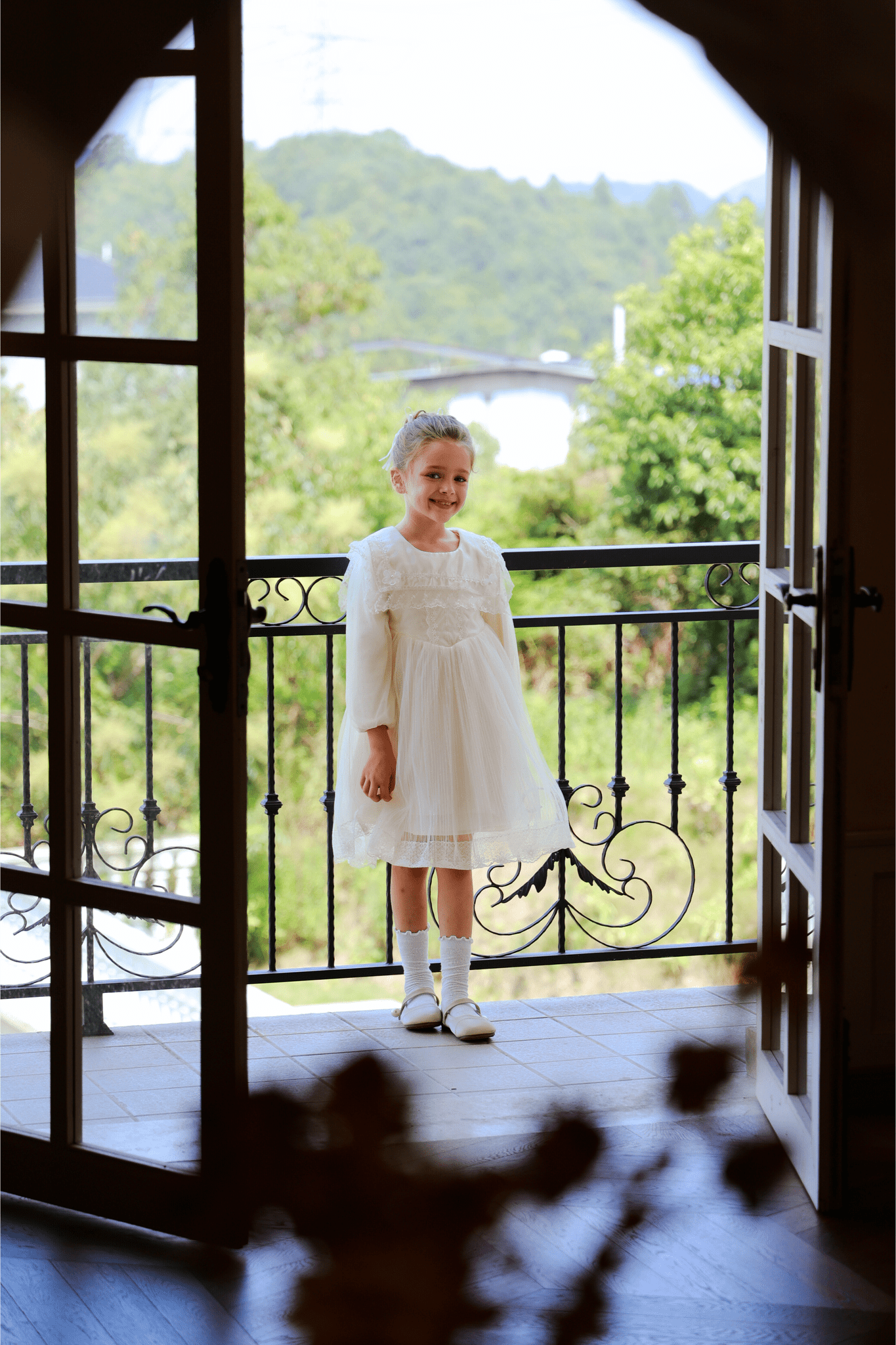 Girls Vintage Lace Satin & Tulle Dress - Beige