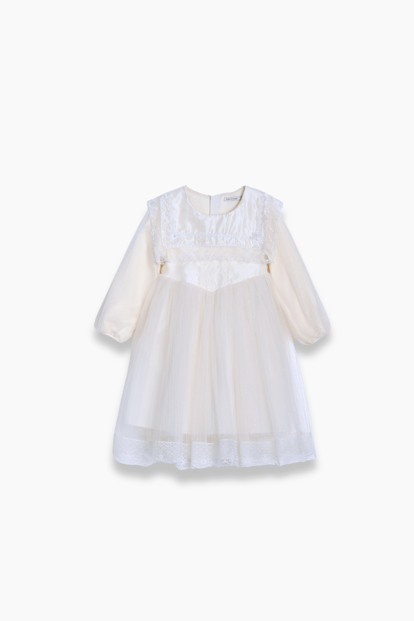 Girls Vintage Lace Satin & Tulle Dress - Beige