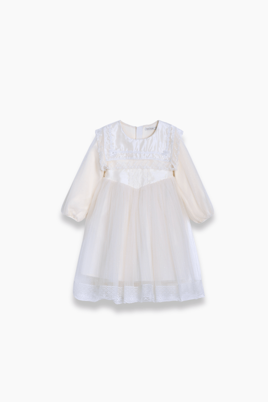 The KIKI and JOJO Girls Vintage Lace Satin & Tulle Dress in beige features long sleeves, a round neckline, fitted bodice, flared skirt, and delicate hand-embroidered floral details, displayed against a white background.