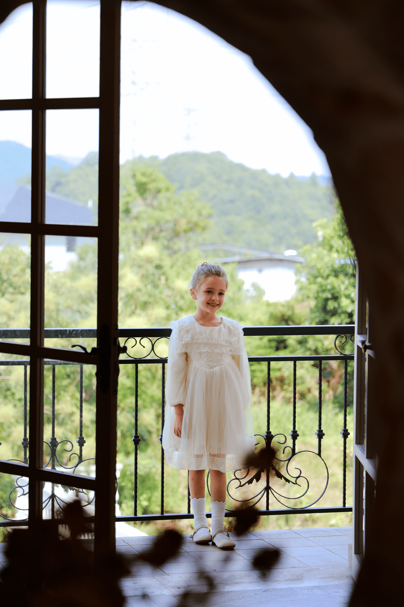 Girls Vintage Lace Satin & Tulle Dress - Beige