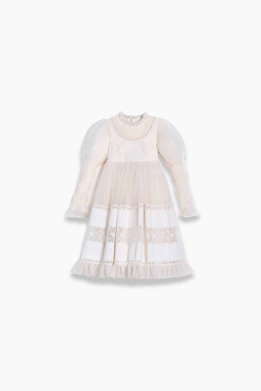 The KIKI and JOJO Girls Vintage Pearl Embroidered Tulle Dress in beige features a long-sleeve design with lace and sheer details, plus an embroidered bodice, shown on a white background.
