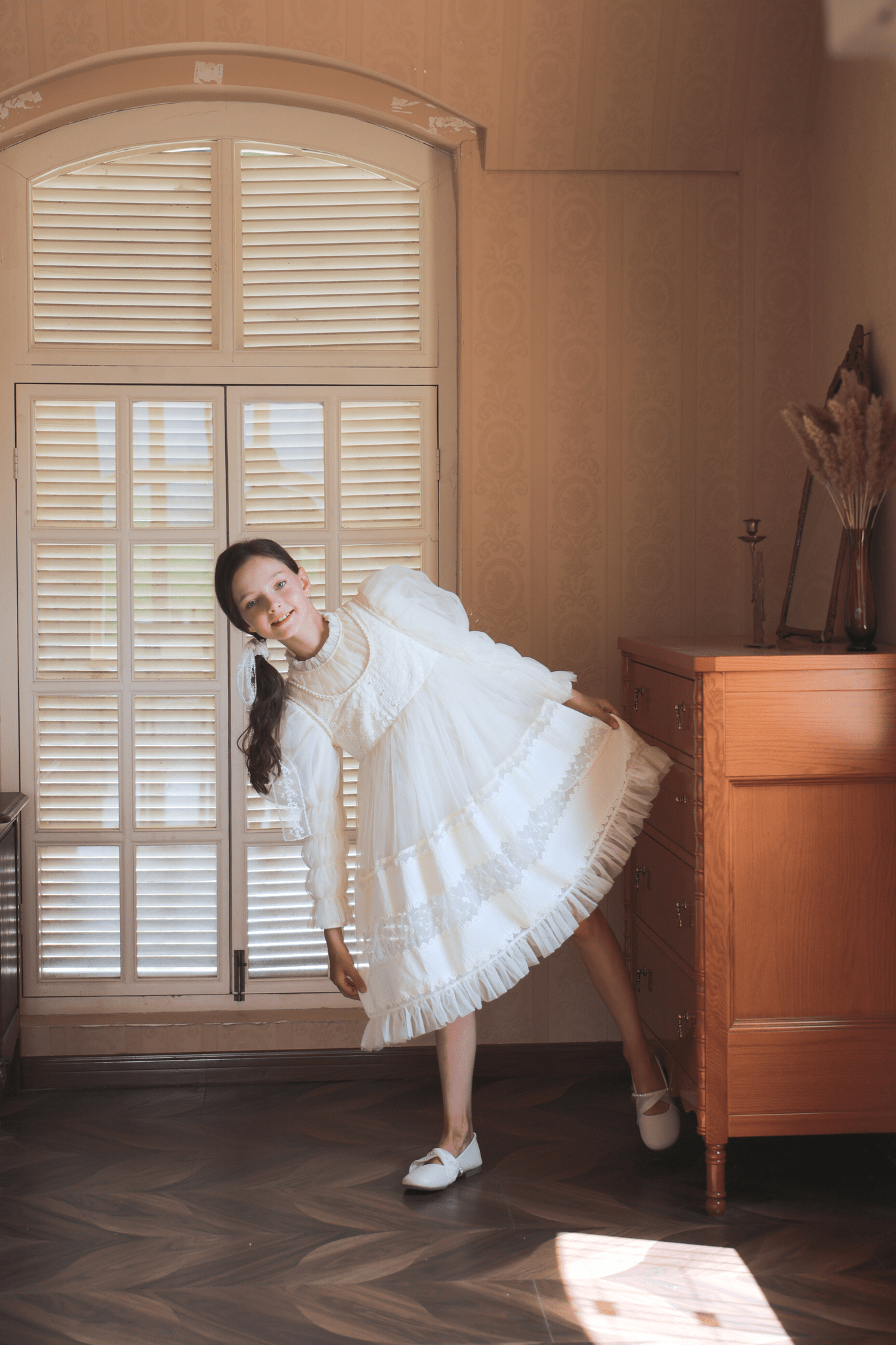 Girls Vintage Pearl Embroidered Tulle Dress - Beige