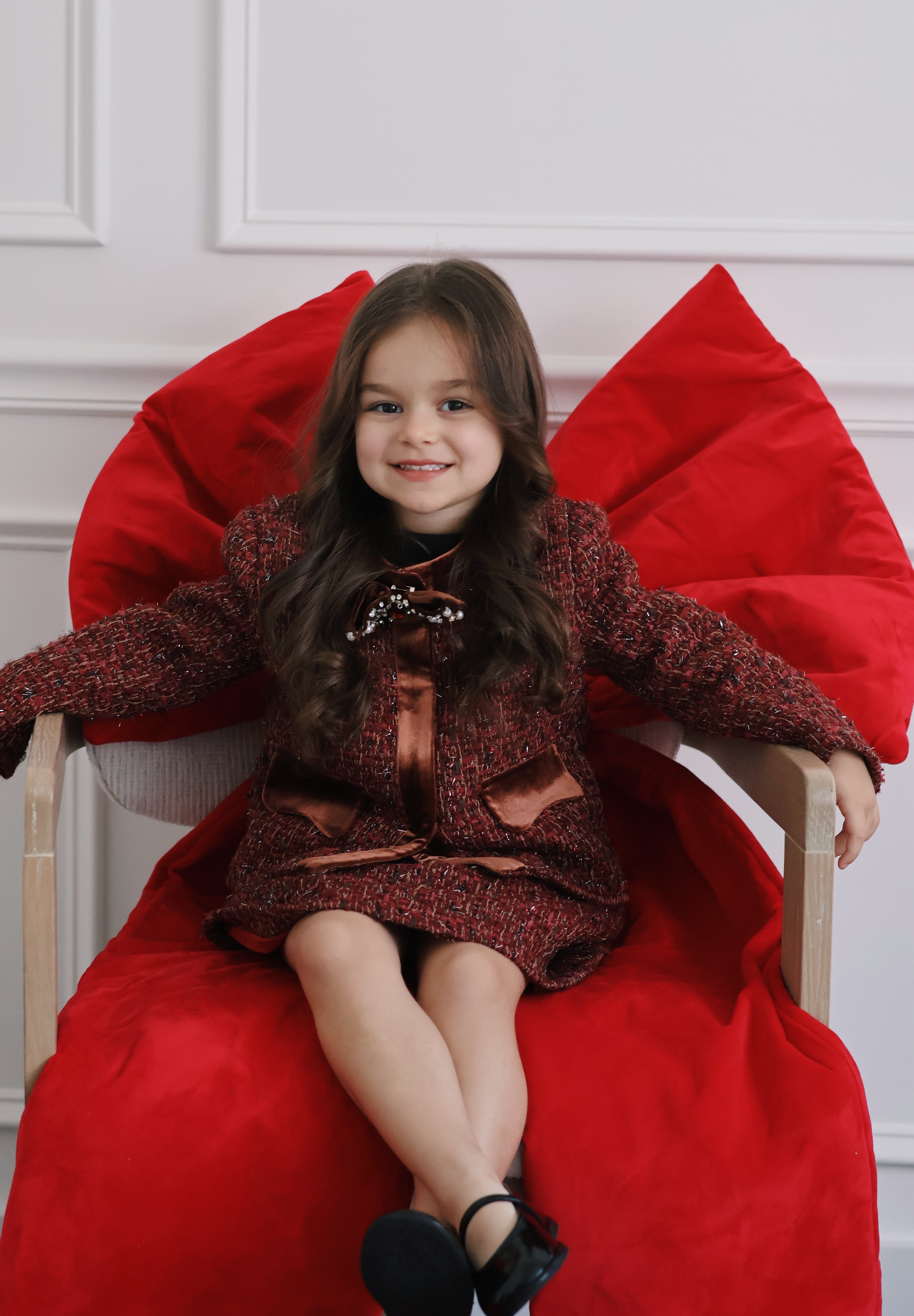 Girls Tweed Jacket – Burgundy Velvet Pearl