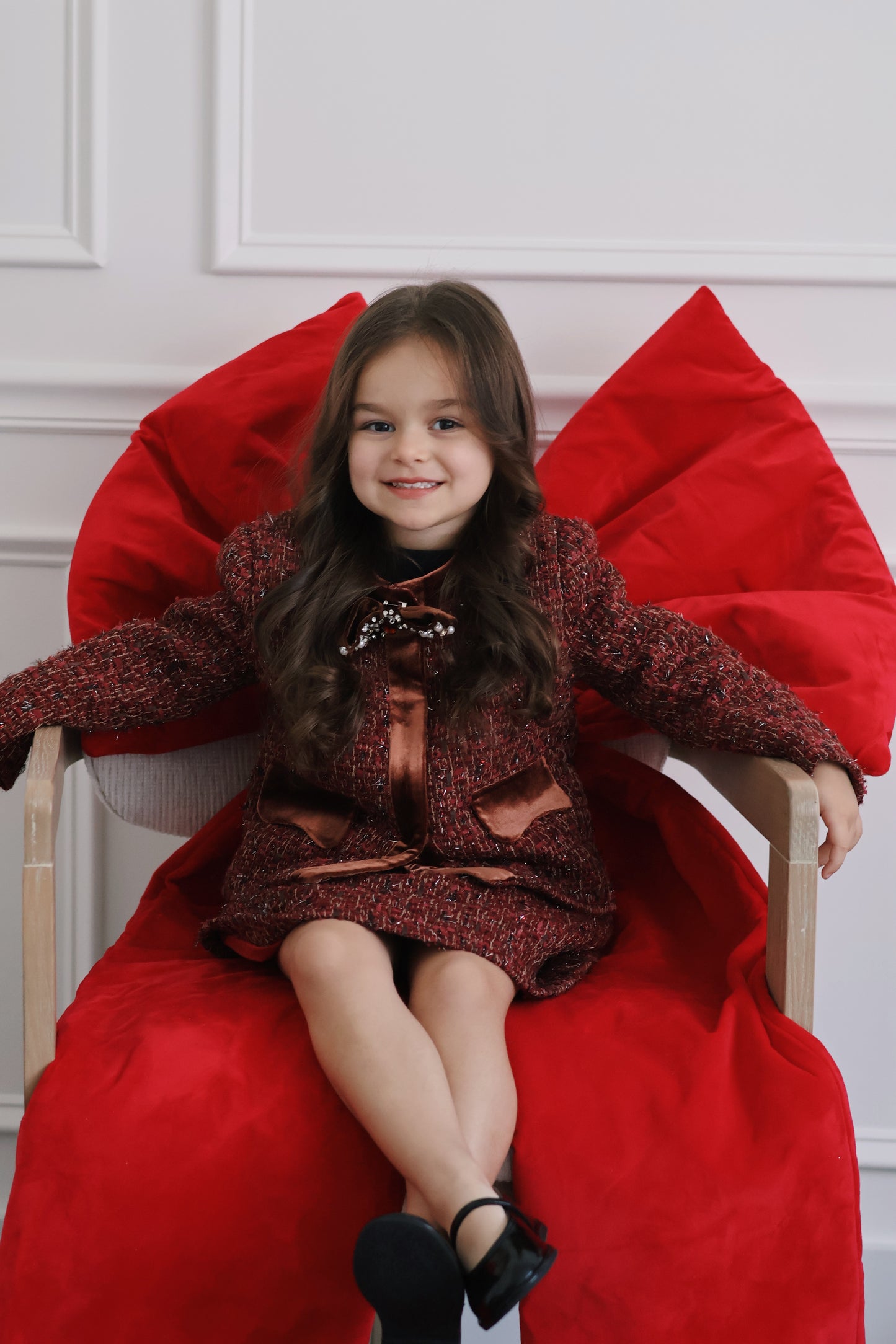 Girls Tweed Jacket – Burgundy Velvet Pearl