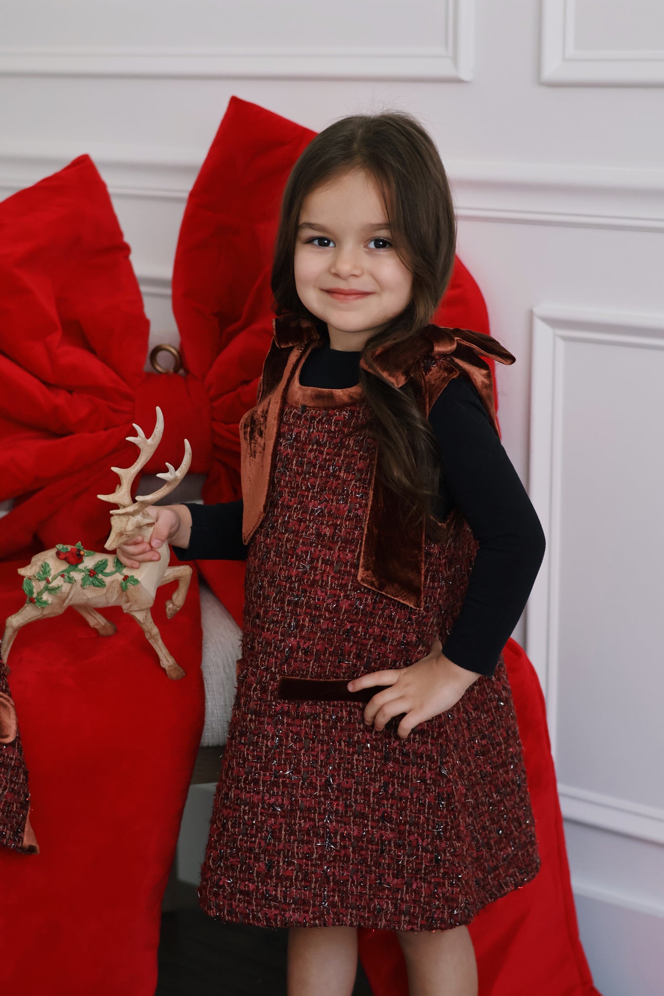 Girls Handmade Tweed Dress – Burgundy Velvet Bow