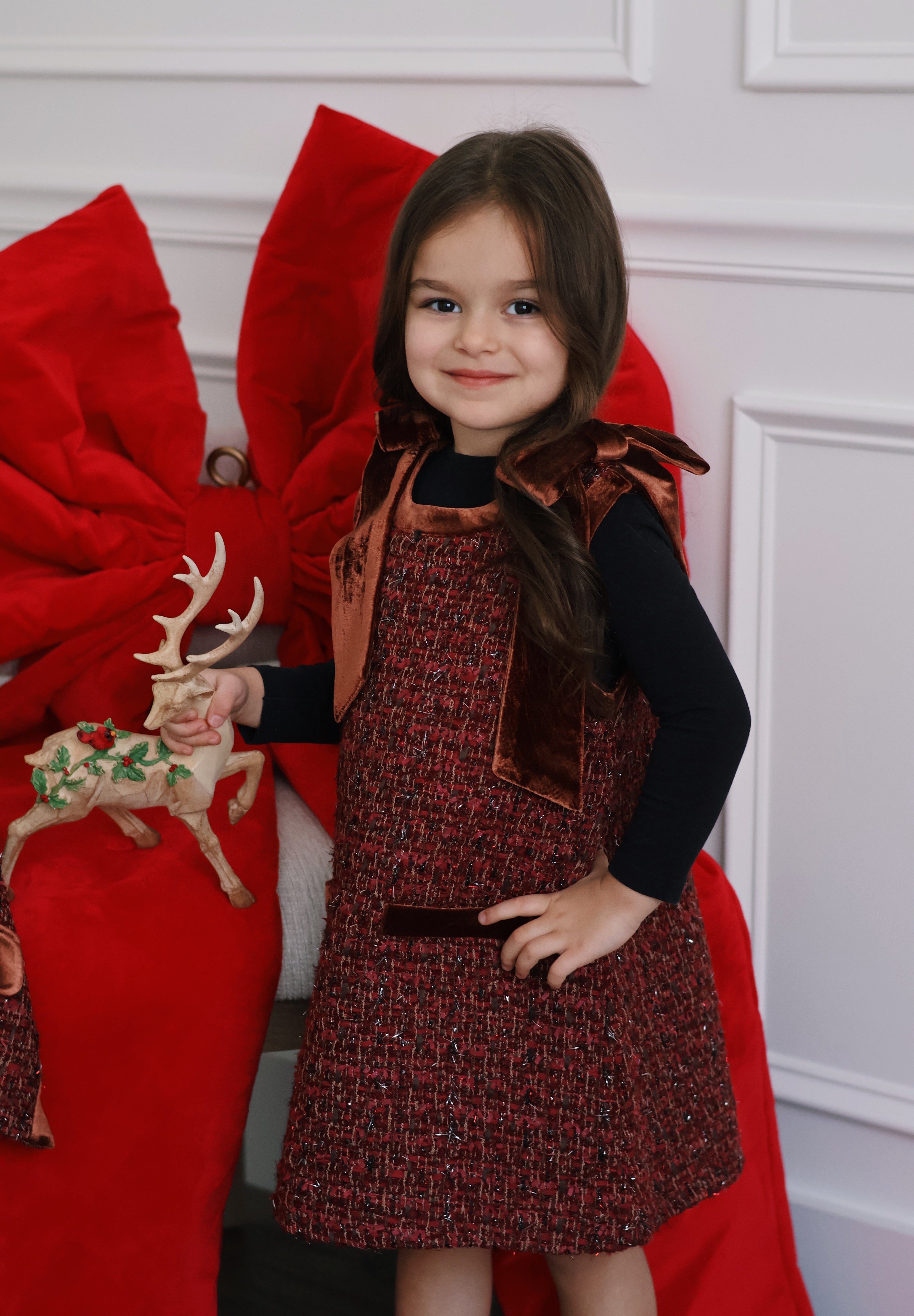 Girls Handmade Tweed Dress – Burgundy Velvet Bow