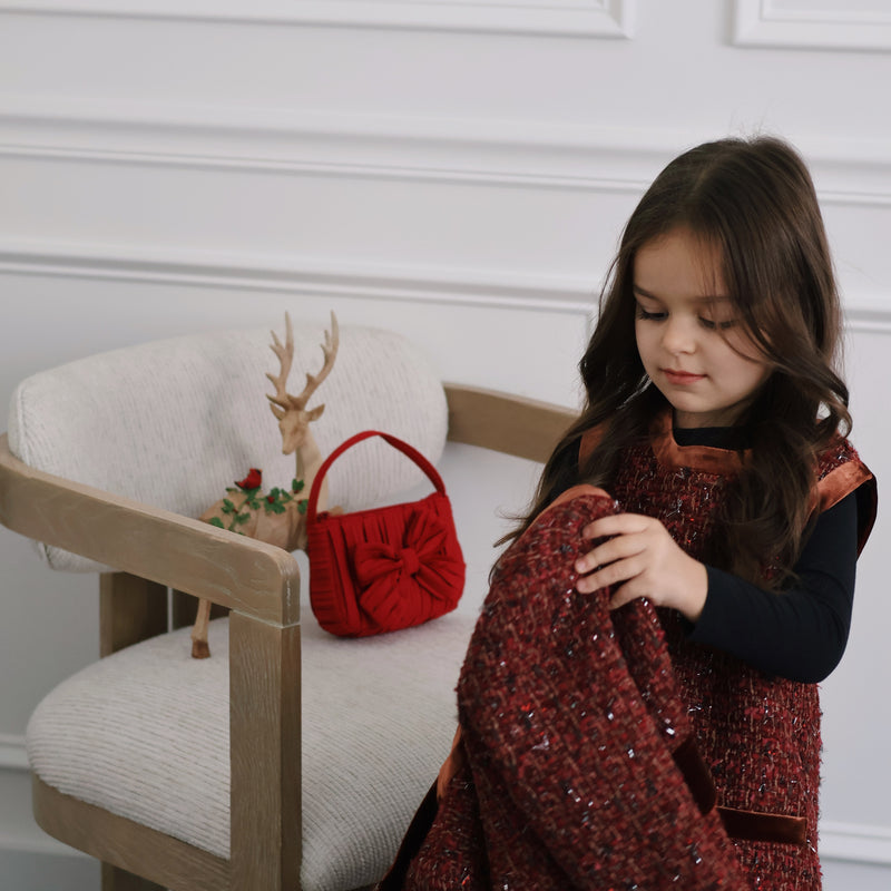 Girls Handmade Tweed Dress – Burgundy Velvet Bow