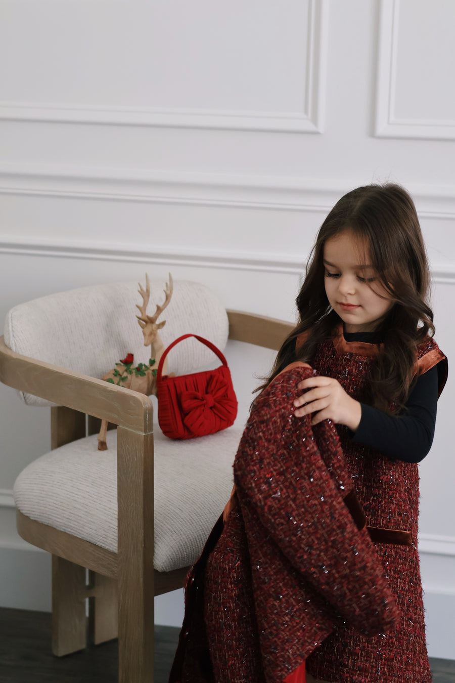 Girls Handmade Tweed Dress – Burgundy Velvet Bow