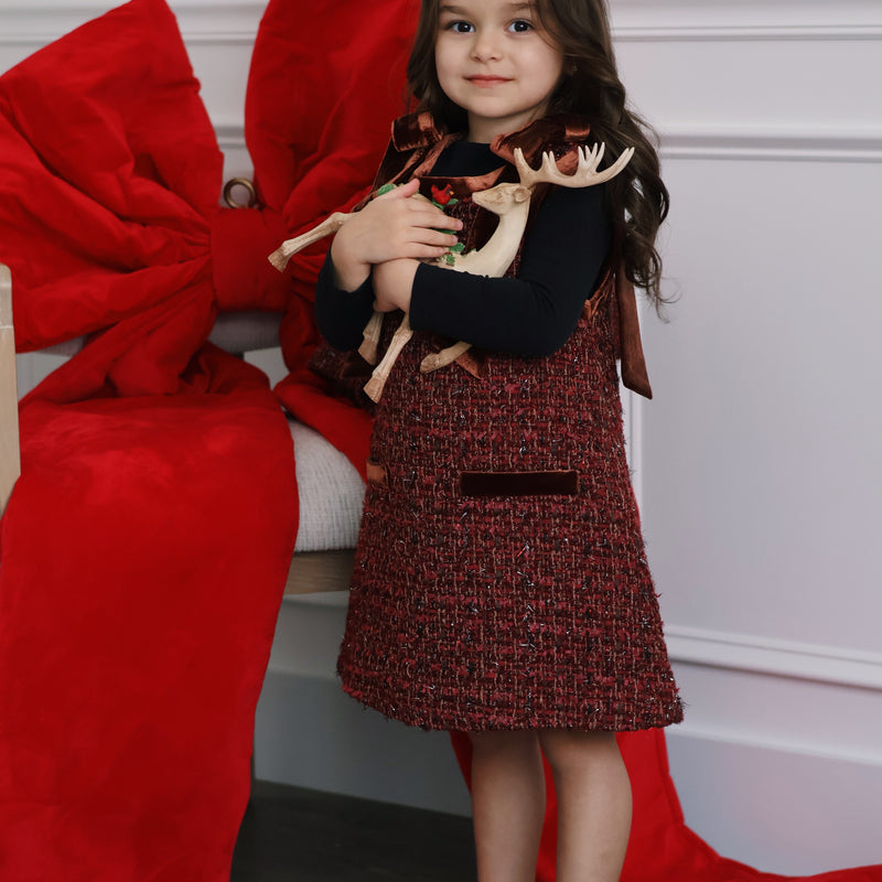 Girls Handmade Tweed Dress – Burgundy Velvet Bow
