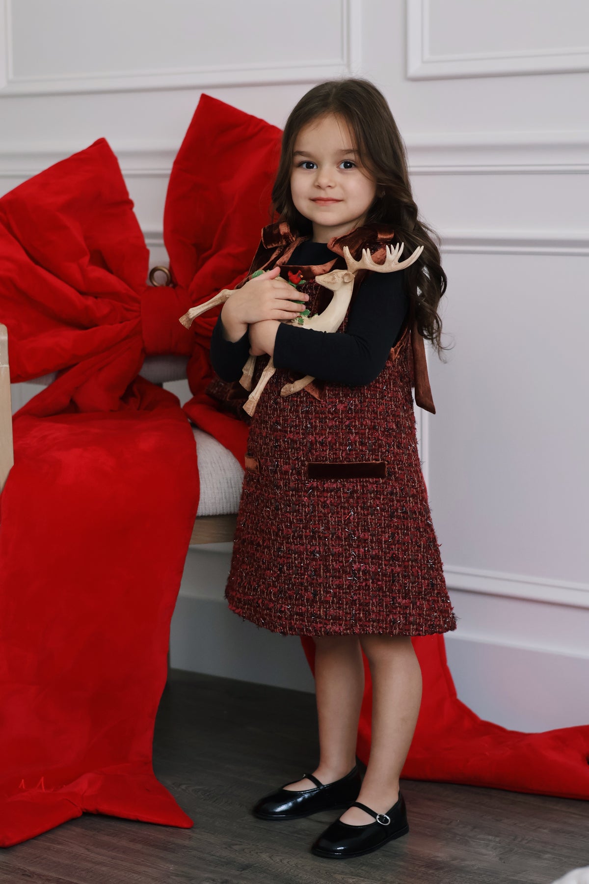 Girls Handmade Tweed Dress – Burgundy Velvet Bow