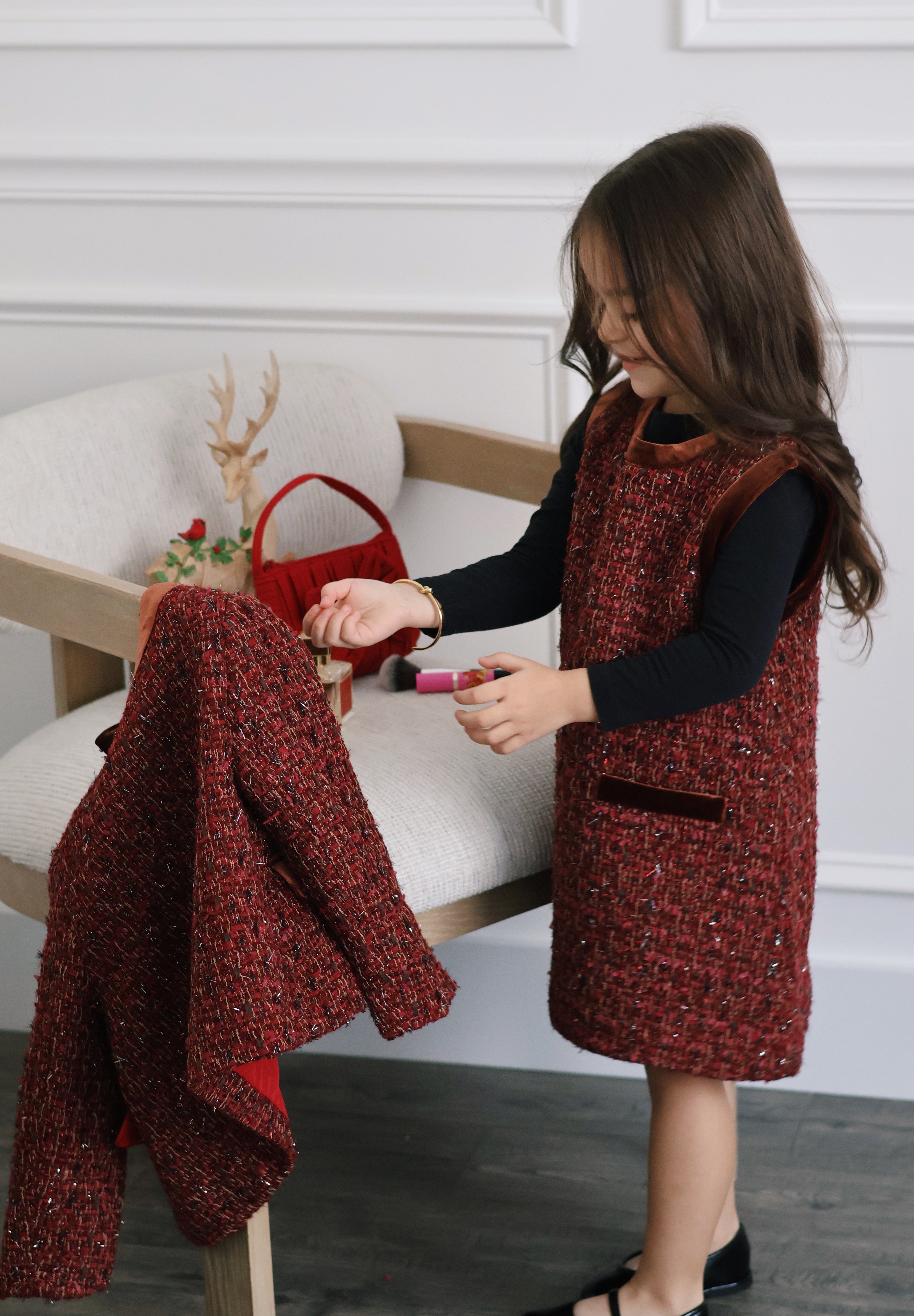 Girls Tweed Jacket – Burgundy Velvet Pearl