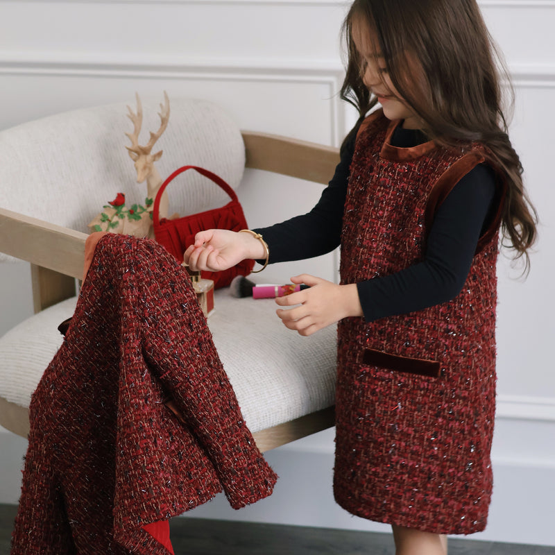 Girls Handmade Tweed Dress – Burgundy Velvet Bow