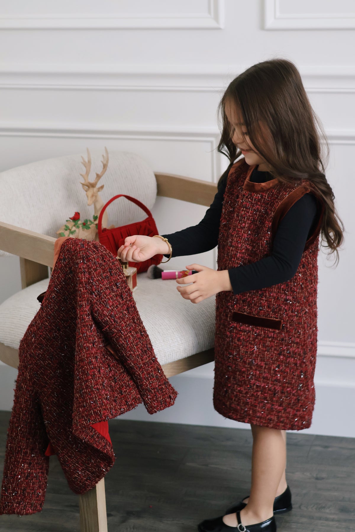 Girls Handmade Tweed Dress – Burgundy Velvet Bow