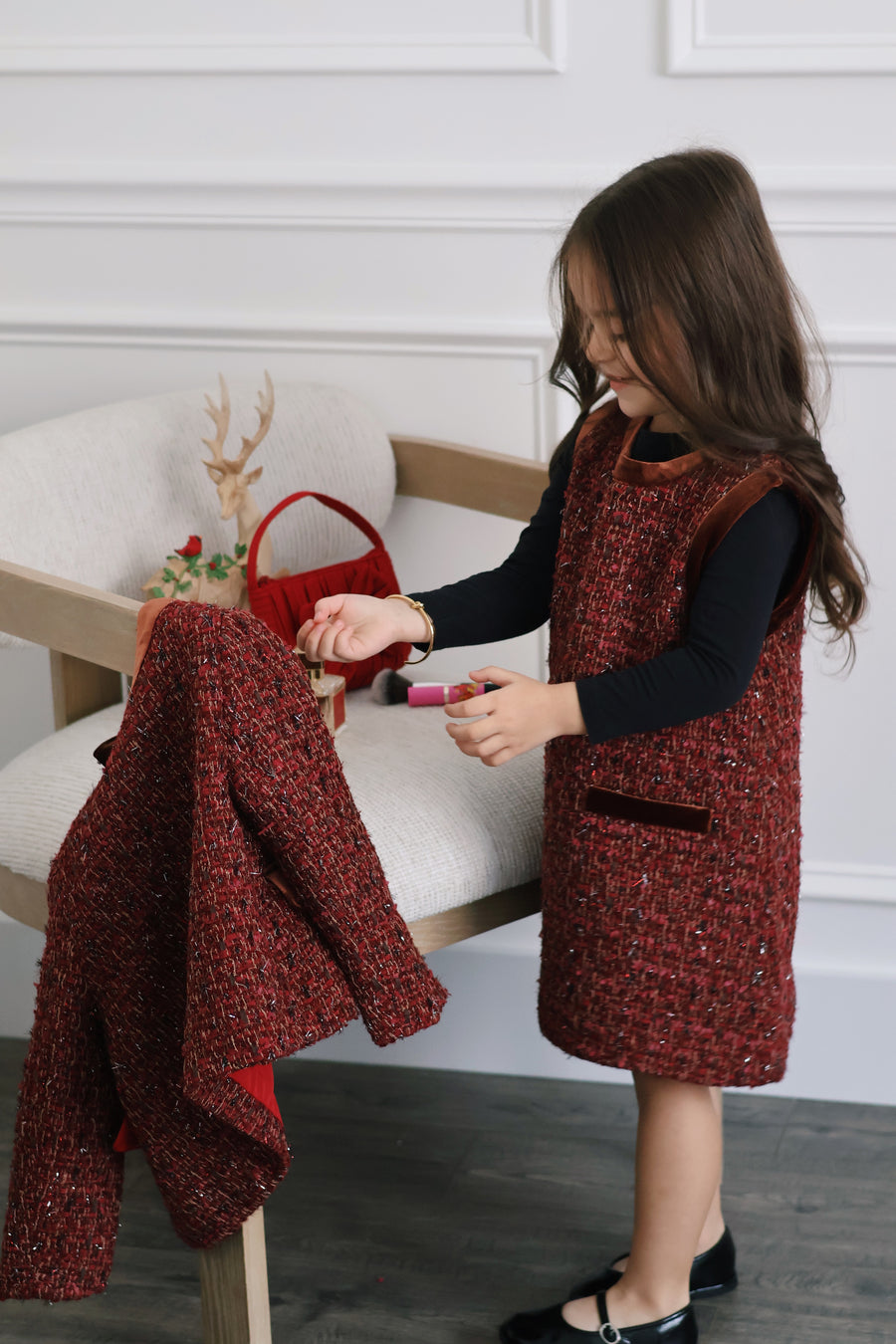 Girls Tweed Jacket – Burgundy Velvet Pearl