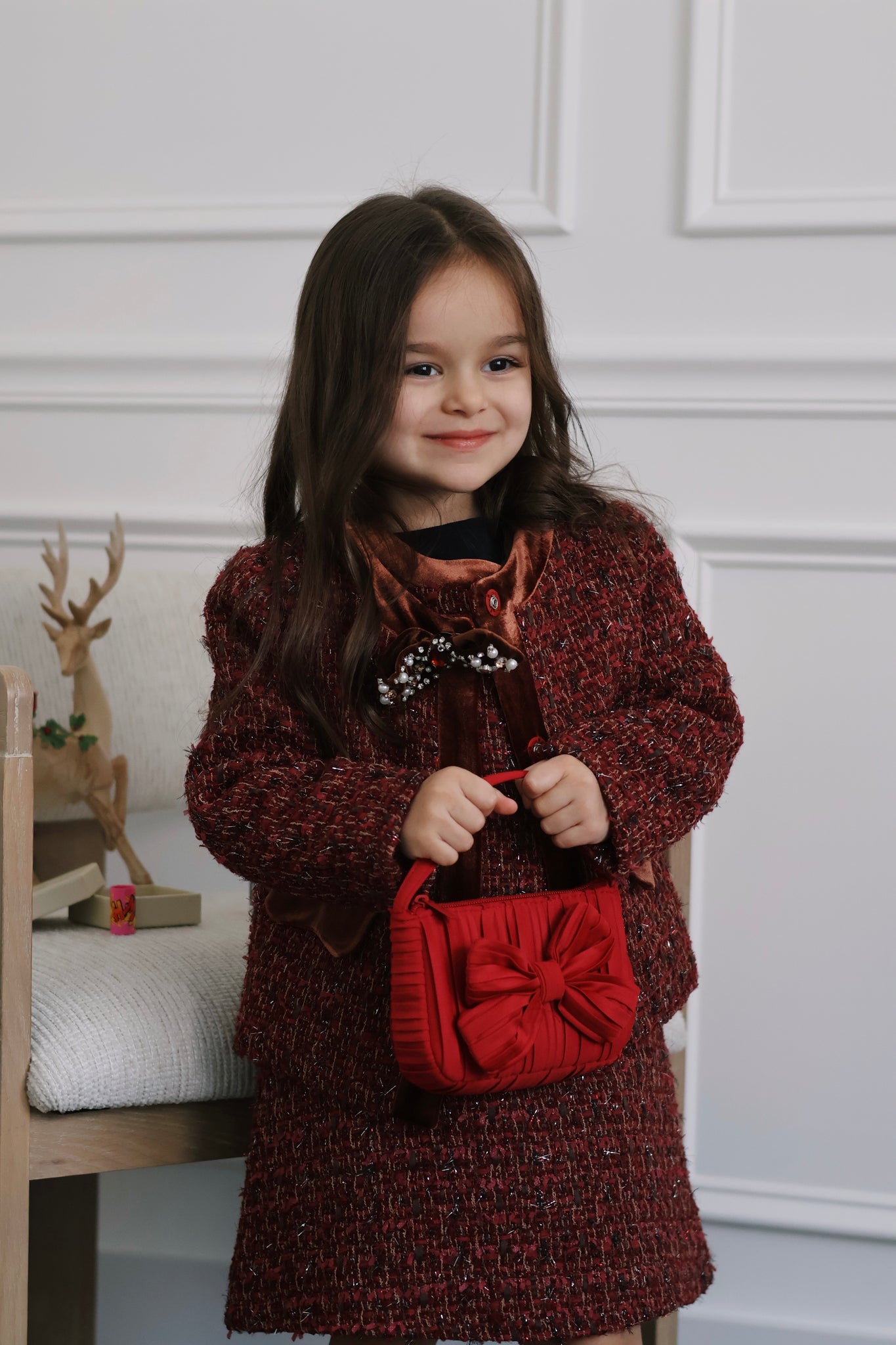 Girls Tweed Jacket – Burgundy Velvet Pearl