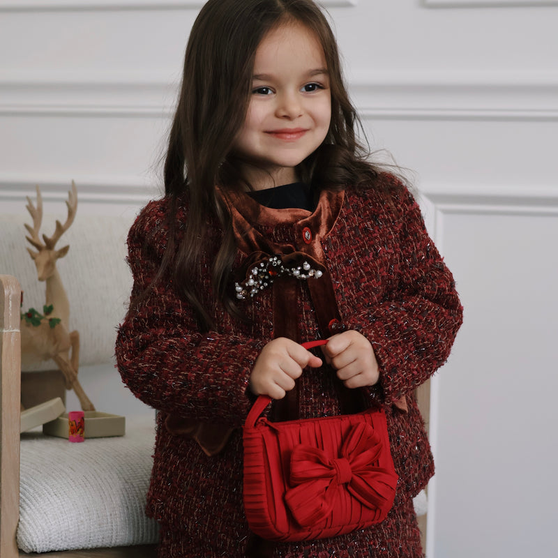 Girls Handmade Tweed Dress – Burgundy Velvet Bow