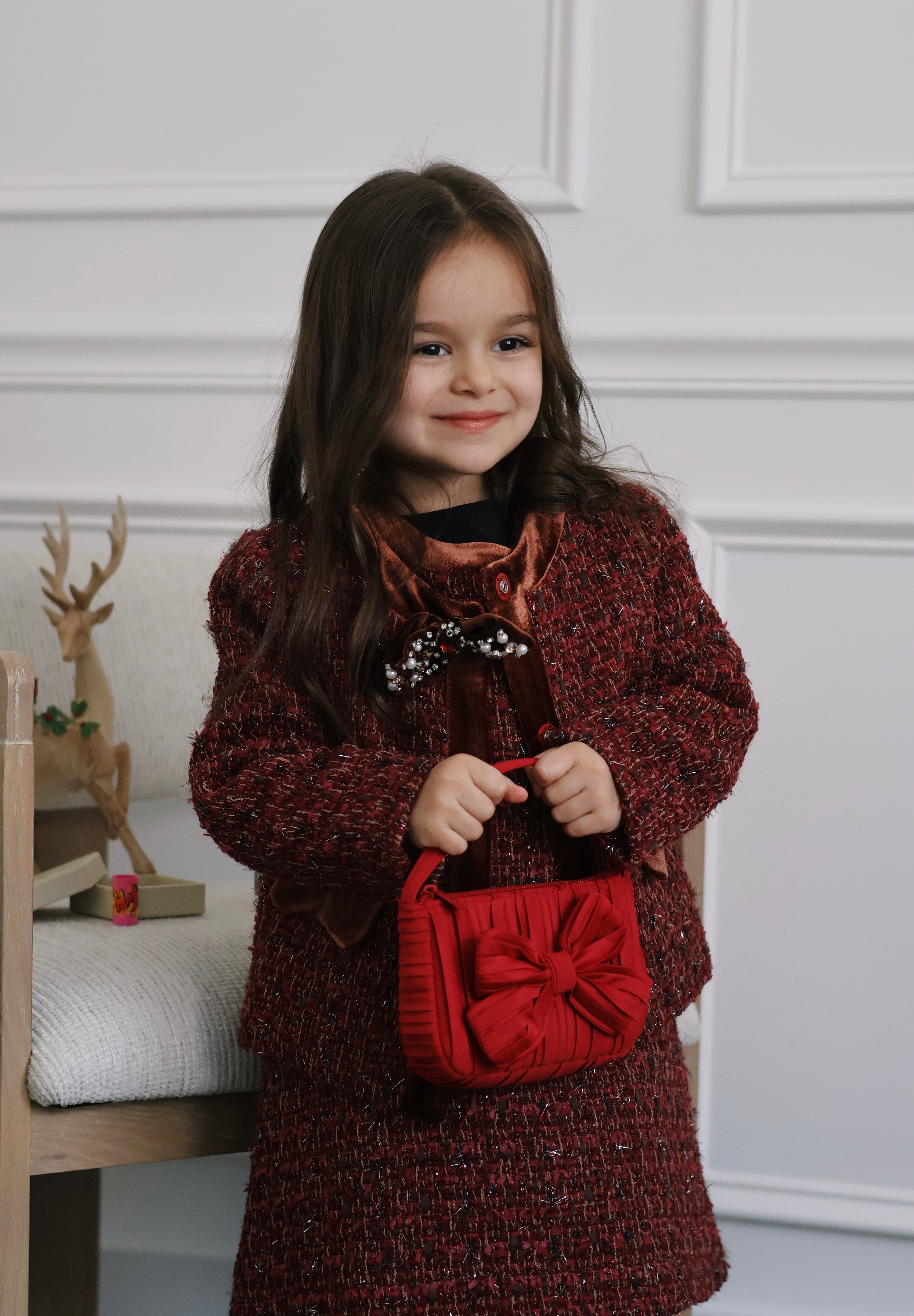 Girls Tweed Jacket – Burgundy Velvet Pearl